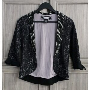 Daytrip SZ XS Black Metallic Studded Jacket Open Short Lace Overlay 3/4 Sleeve
